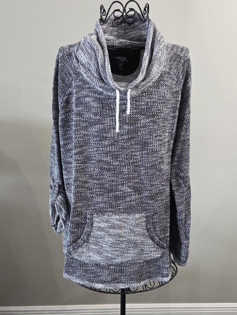 Kensie Black & White Marled Cowl Neck Pullover